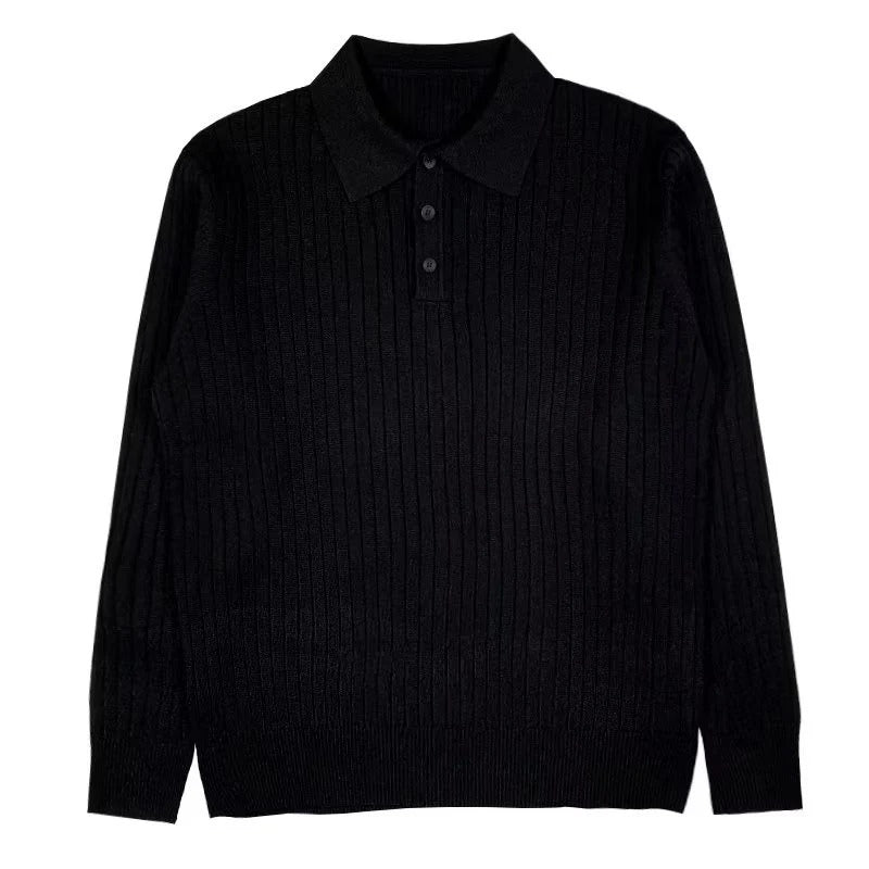 Ribbed Knit Long Sleeve Polo Top for Men