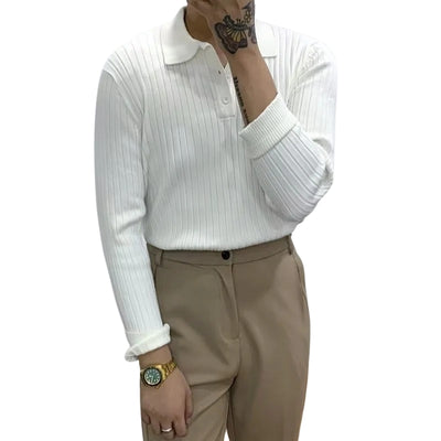 Ribbed Knit Long Sleeve Polo Top for Men