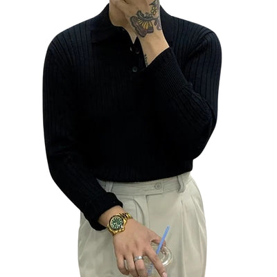 Ribbed Knit Long Sleeve Polo Top for Men