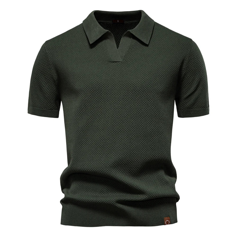 Men's Knitted V-Neck Short-Sleeve Polo Shirt