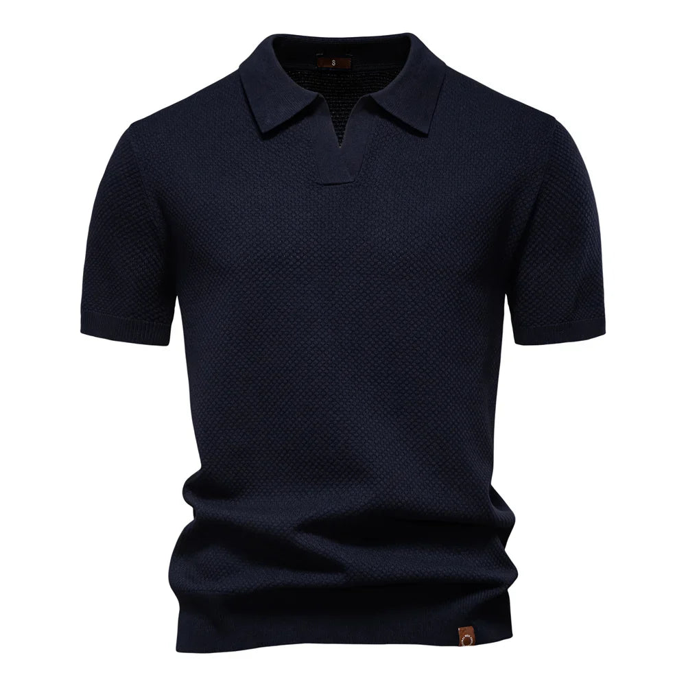 Men's Knitted V-Neck Short-Sleeve Polo Shirt