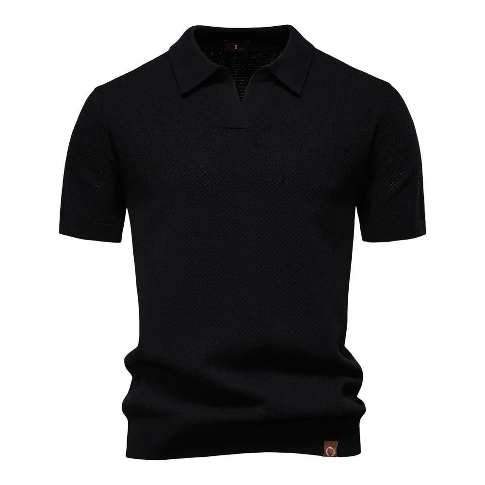 Men's Knitted V-Neck Short-Sleeve Polo Shirt