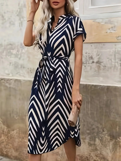 Women's V-neck Tie Waist Printed Midi Dress