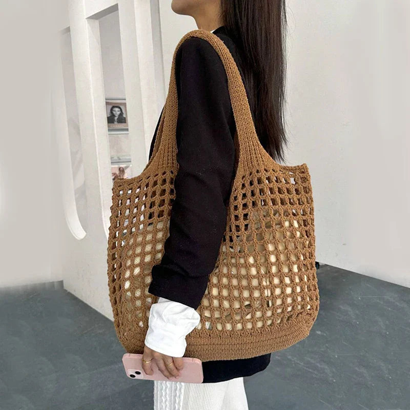Women's Crochet Tote Bag with Hollow Knit and Large Capacity