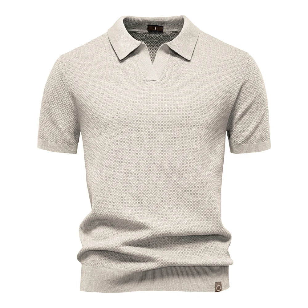Men's Knitted V-Neck Short-Sleeve Polo Shirt