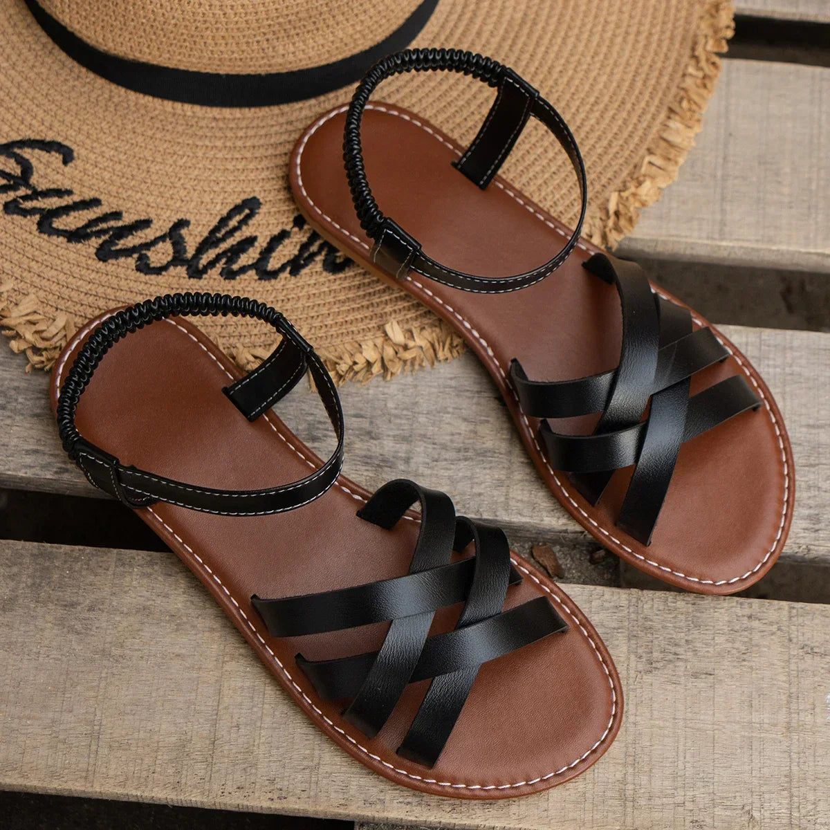 Slip-On Sandals for Women with Crisscross Straps
