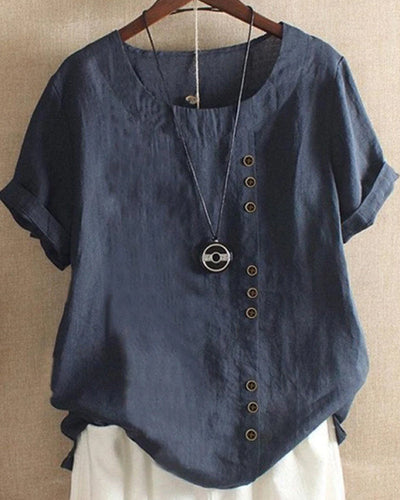Solid Round-Neck Short-Sleeve Blouse for Women