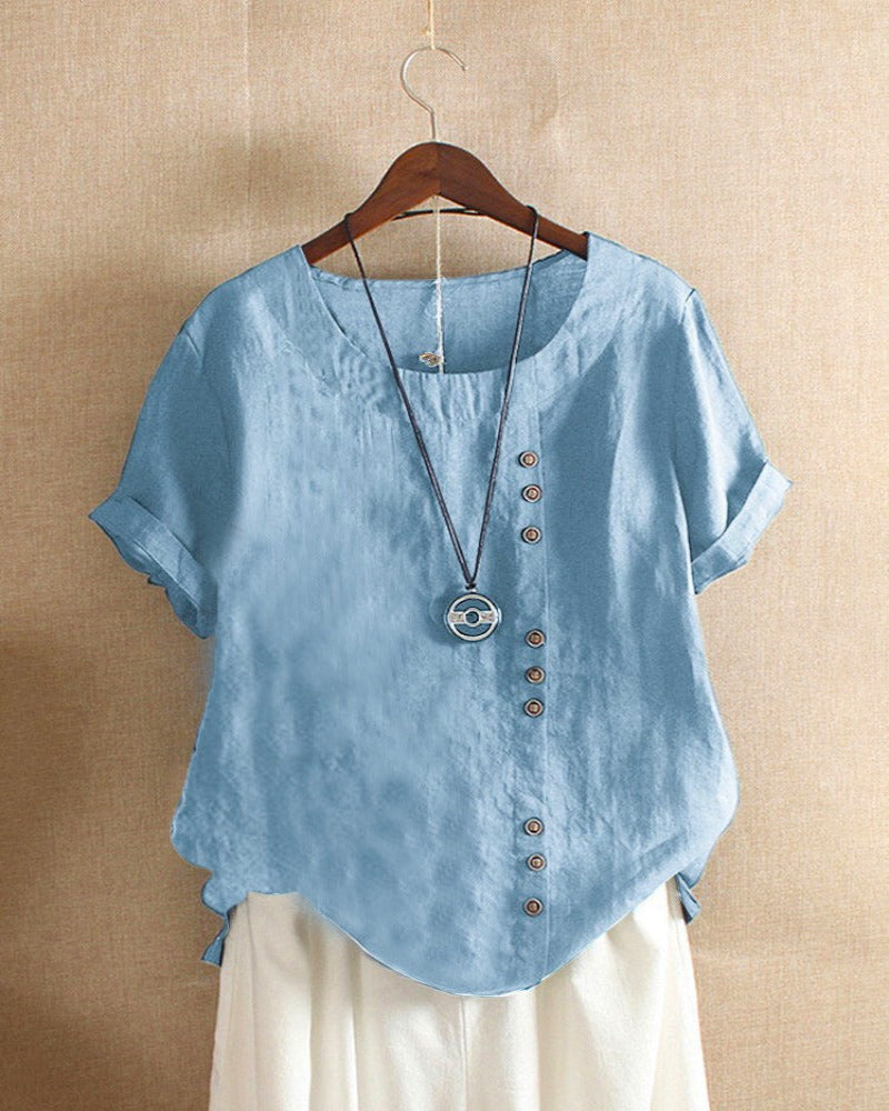 Solid Round-Neck Short-Sleeve Blouse for Women