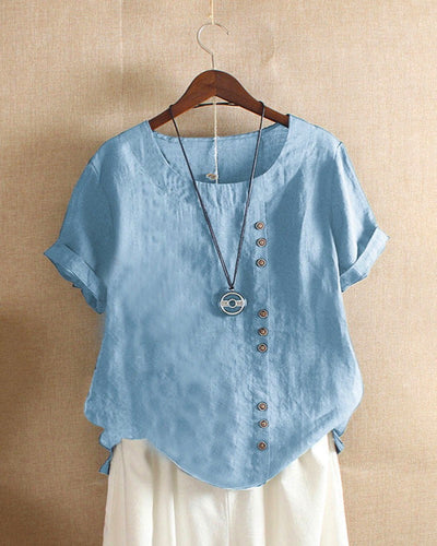 Solid Round-Neck Short-Sleeve Blouse for Women