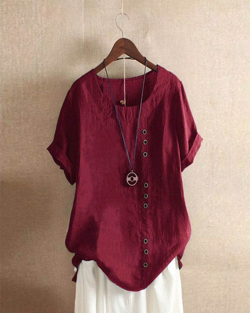 Solid Round-Neck Short-Sleeve Blouse for Women