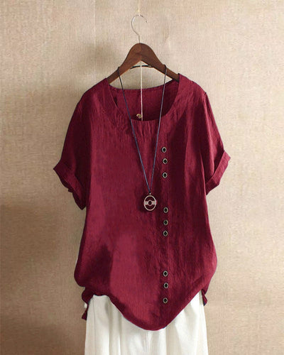 Solid Round-Neck Short-Sleeve Blouse for Women