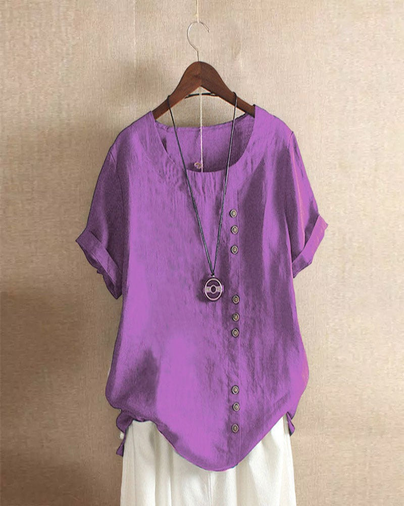 Solid Round-Neck Short-Sleeve Blouse for Women