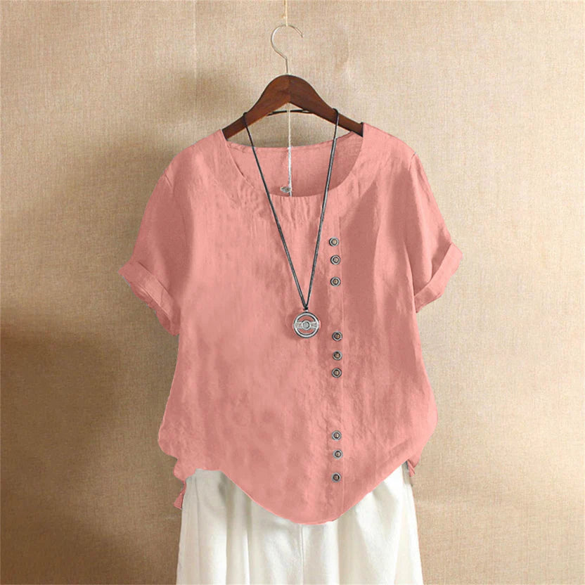 Solid Round-Neck Short-Sleeve Blouse for Women