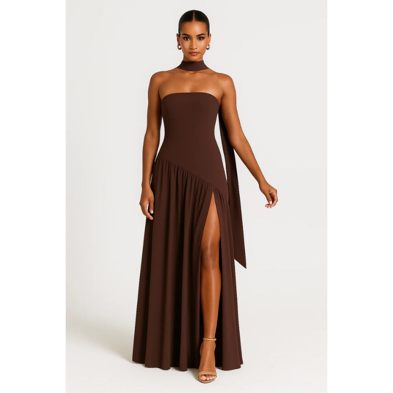 Strapless Maxi Dress with Choker Neck and Slit