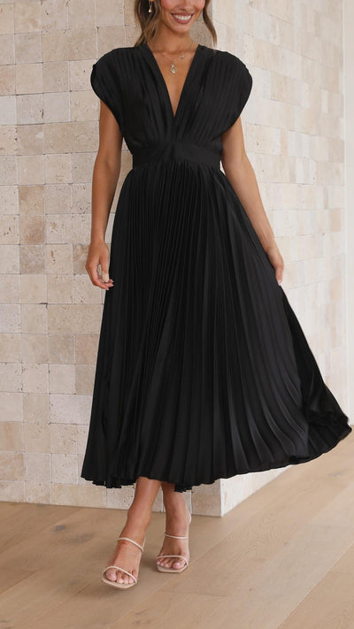 Women's V-Neck Pleated A-line Evening Party Dress with Cap Sleeves
