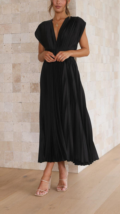 Women's V-Neck Pleated A-line Evening Party Dress with Cap Sleeves