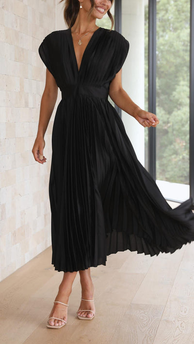 Women's V-Neck Pleated A-line Evening Party Dress with Cap Sleeves