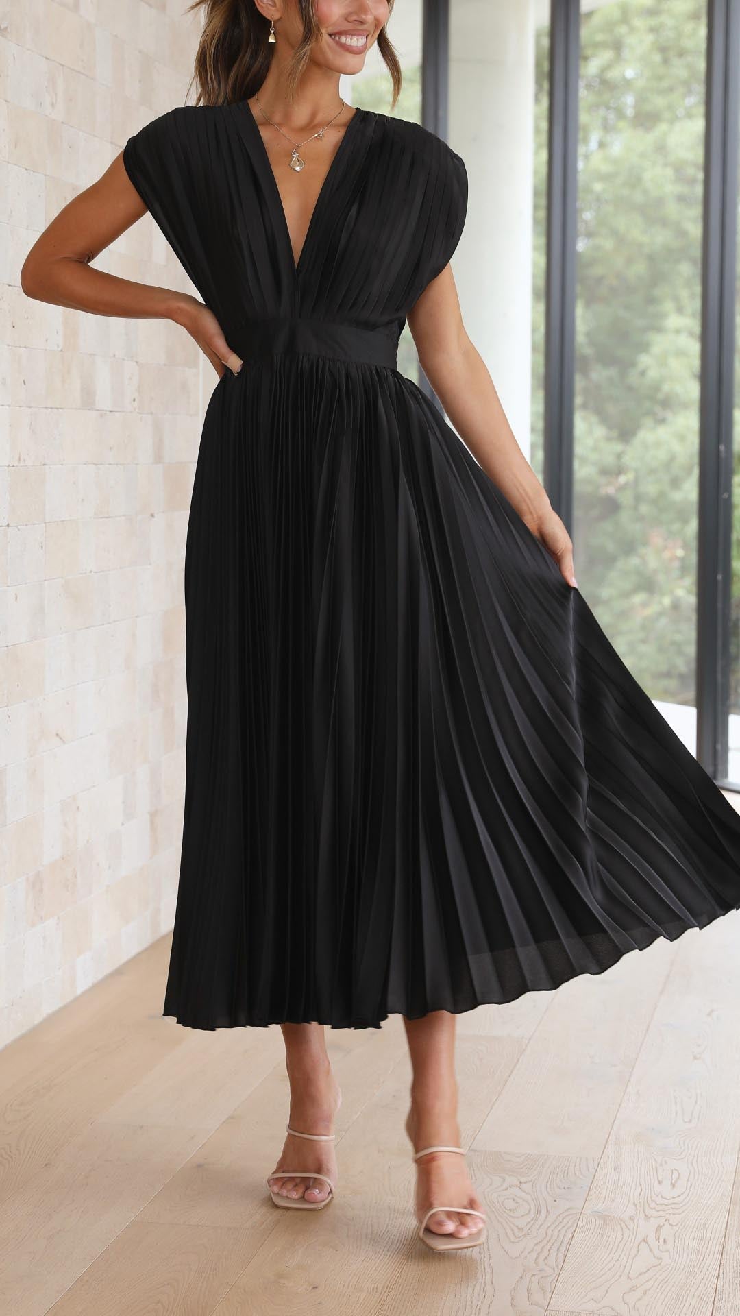 Women's V-Neck Pleated A-line Evening Party Dress with Cap Sleeves