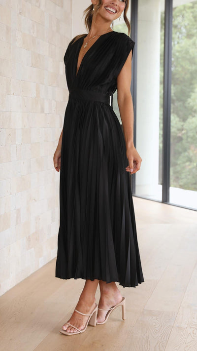 Women's V-Neck Pleated A-line Evening Party Dress with Cap Sleeves