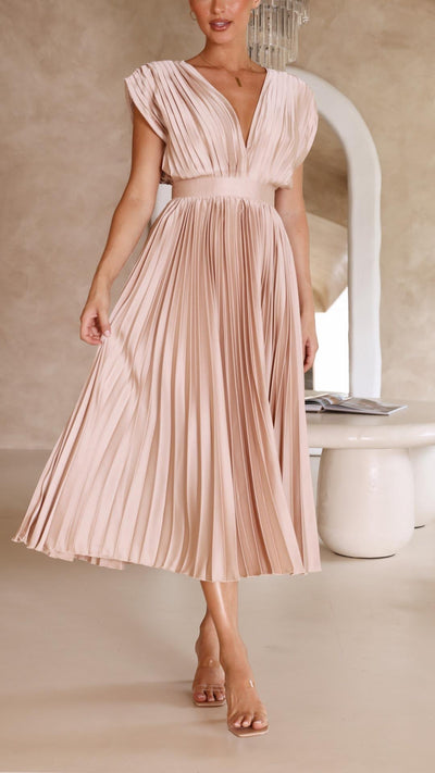 Women's V-Neck Pleated A-line Evening Party Dress with Cap Sleeves