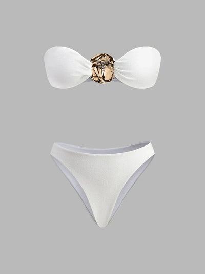 Three-Piece Bandeau Bikini Beach Set with Gold Accent and Cover-Up