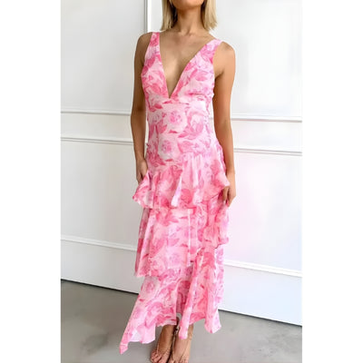 Tiered Teal Maxi Dress with Deep V-Neck for Women