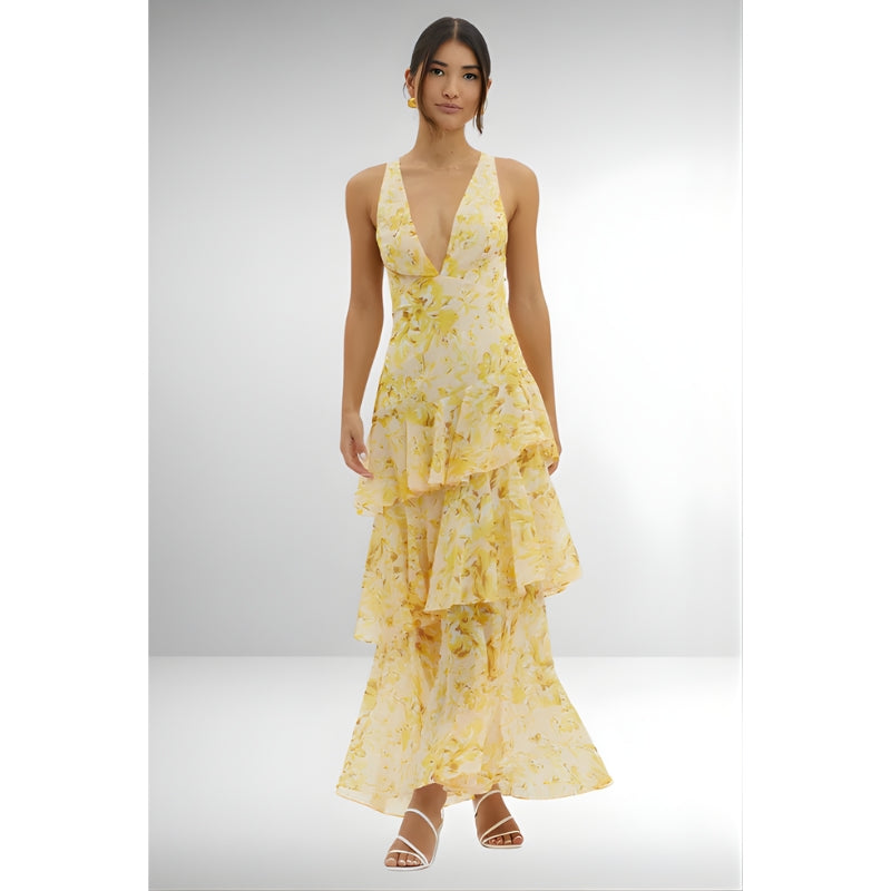 Tiered Teal Maxi Dress with Deep V-Neck for Women