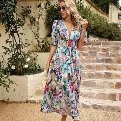 V-Neck Floral Print Midi Dress with Short Sleeves