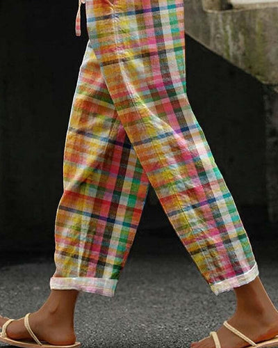 Vintage Checkered Wide-Leg Pants with Side Pockets