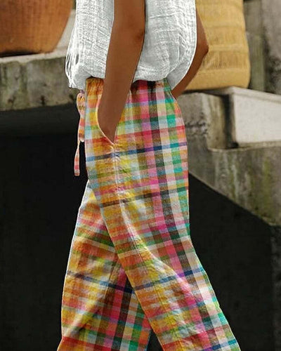 Vintage Checkered Wide-Leg Pants with Side Pockets