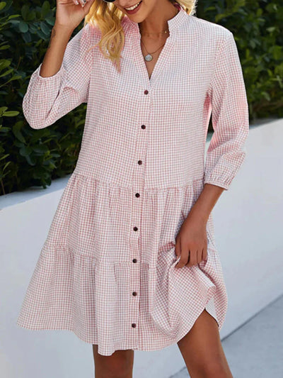 Women Button Down Full Sleeves Checkered Midi Loose Dress