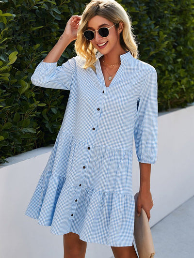 Women Button Down Full Sleeves Checkered Midi Loose Dress