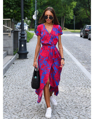 Women Midi Dress V-neck Short Sleeve  Floral Printing Split