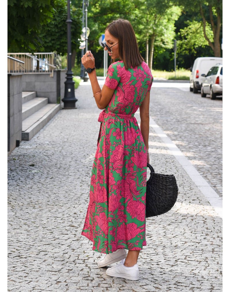 Women Midi Dress V-neck Short Sleeve  Floral Printing Split