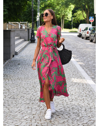 Women Midi Dress V-neck Short Sleeve  Floral Printing Split