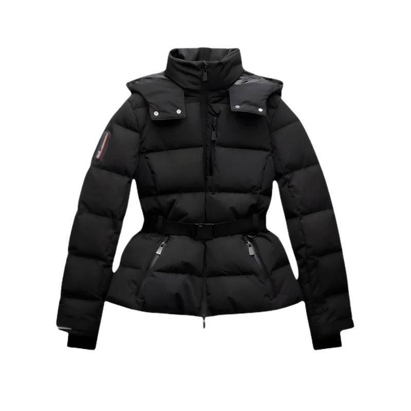 Women’s Black Puffer Jacket with Belted Waist