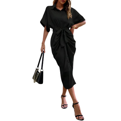 Women's Button-Down Midi Dress with Tie Waist Detail