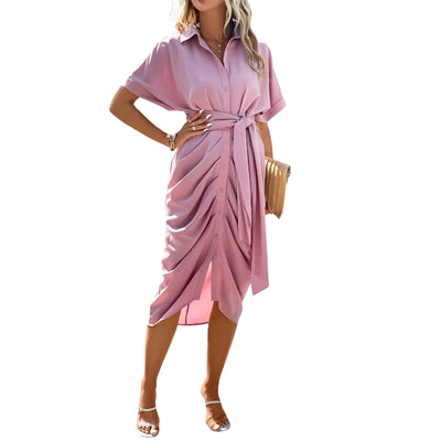 Women's Button-Down Midi Dress with Tie Waist Detail