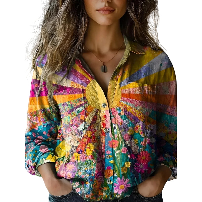 Women’s Button-Up Floral Print Shirt with Sunburst Design