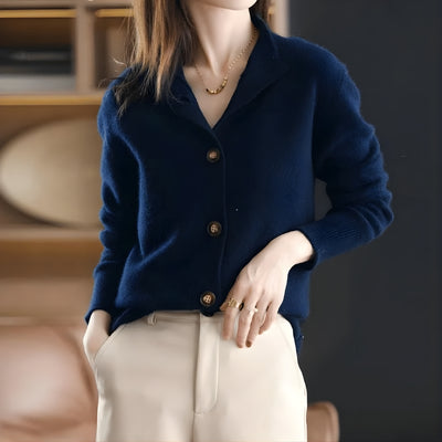 Women’s Button-Up Knit Cardigan with Ribbed Collar