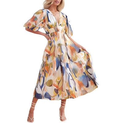 Women's Dress Long Sleeves with V-Neck and Painted Pattern