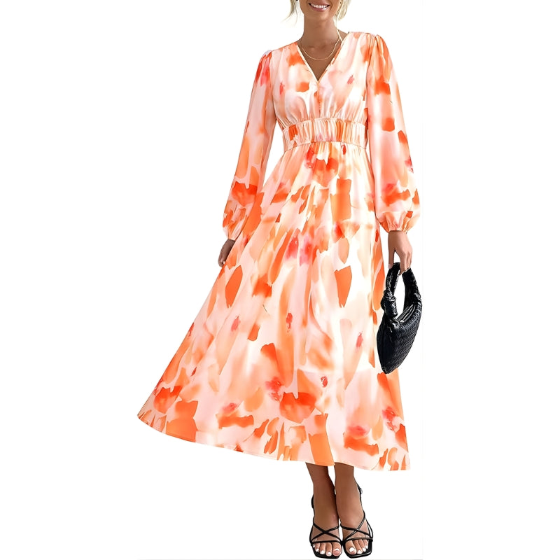 Women's Dress Long Sleeves with V-Neck and Painted Pattern