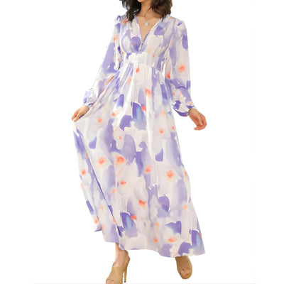 Women's Dress Long Sleeves with V-Neck and Painted Pattern