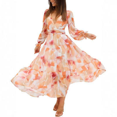 Women's Dress Long Sleeves with V-Neck and Painted Pattern