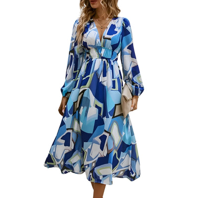 Women's Dress Long Sleeves with V-Neck and Painted Pattern