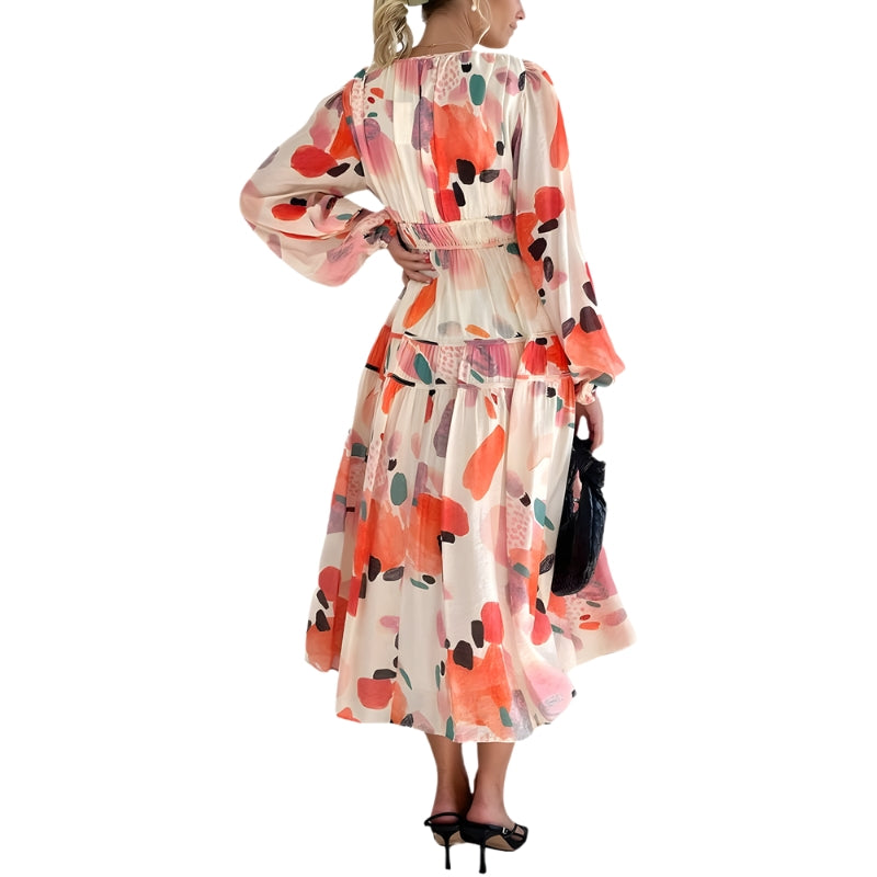 Women's Dress Long Sleeves with V-Neck and Painted Pattern