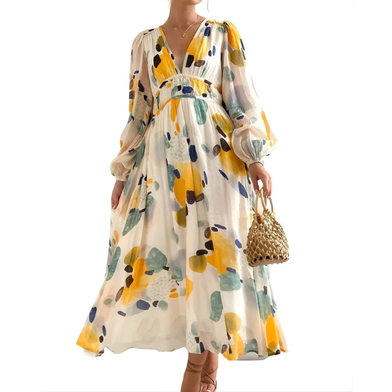 Women's Dress Long Sleeves with V-Neck and Painted Pattern