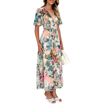 Women's Dress Long Sleeves with V-Neck and Painted Pattern