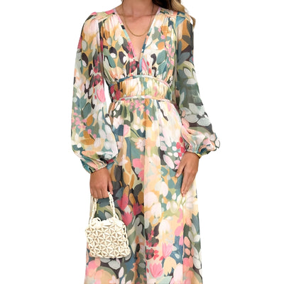 Women's Dress Long Sleeves with V-Neck and Painted Pattern