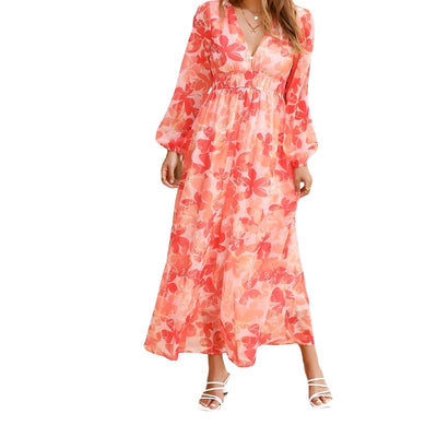 Women's Dress Long Sleeves with V-Neck and Painted Pattern